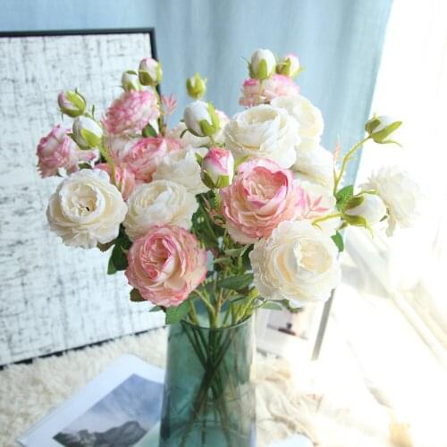 Rose Pink Silk Peony Artificial Flowers Bouquet 2 Big Head and 1 Bud Cheap Fake Flowers for Home Wedding Decoration indoor Table