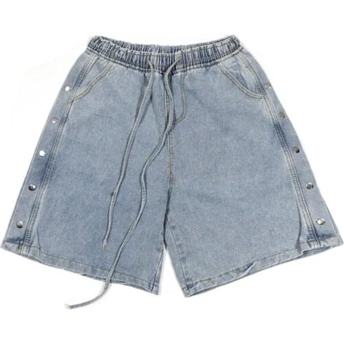 Summer Shorts Women Streetwear Loose Elastic Waist Drawstring Five Point Pants Vintage Washed Side Breasted Cowboy Man Female