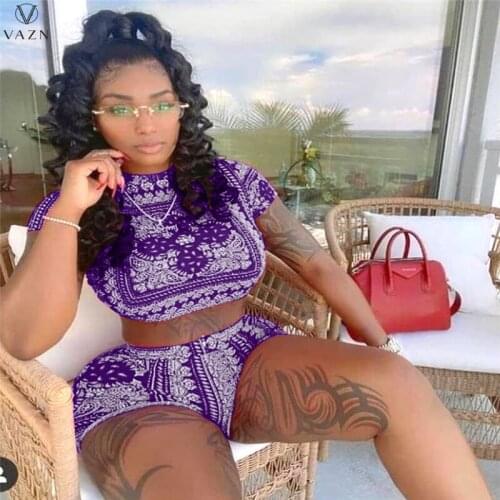 VAZN 2021 New Print Open Bikini Short Sleeve Shinny Set Top Short Pant Sexy Young High Waist Skinny Women 2 Piece Set