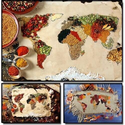 Vintage World Map Kitchen Spices Canvas Painting Art Poster Living Room Wall Decoration Picture Cuadros Scandinavian Home Decor