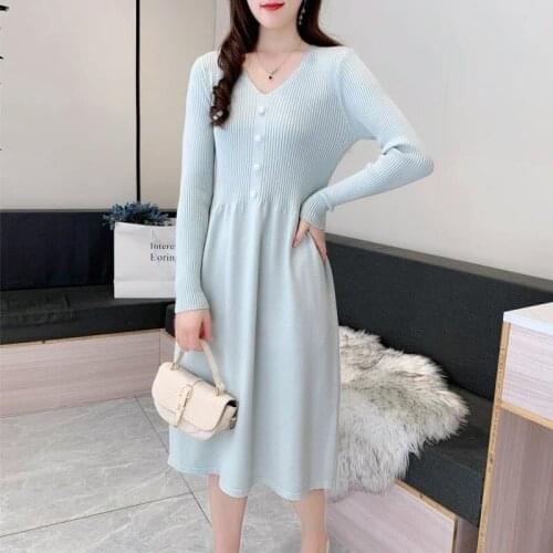 Knitted Dress 2021 Autumn Winter Elegant Fashion V Neck Buttons Slim Waist Pullover Sweater Dresses Midi Basic Knitting Dress