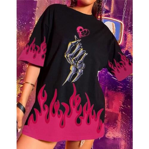 Black Flame Fun Skull Print T Shirt for Women Cool Girls Oversized Loose Summer Tees Fashion Hip Hop Harajuku Style Ladies Tops