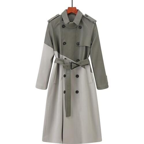 Womens Jacket Block Color Faux Leather Double Breasted Moto Biker Jackets With Belt Female Vintage Trench Coat