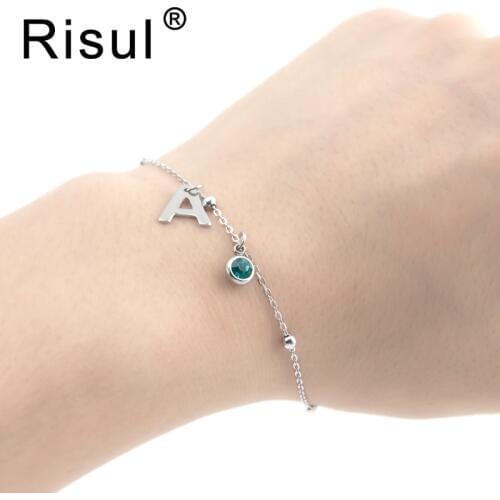 Risul zodiac stone women bracelet alphabet initial luckystone Rolo chain space ball bracelet Stainless steel gift pack bracelets