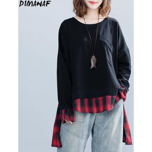 DIMANAF Plus Size Women Hoodies Sweatshirts Autumn Female Patchwork Red Black Plaid O-Neck Pullovers Cotton Loose Korea Tops