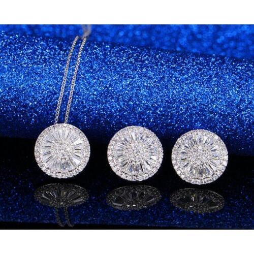 SINZRY brazil CZ jewelry set Clear white Cubic Zircon round plate glitter Pendant Necklaces Earring Jewelry sets for women