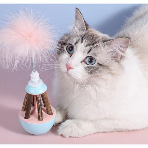 1pc Cat Tumbler Toy Interesting Cat Toy Wood Polygonum Hydropiper Feather Tumbler Self-hi Tooth Cleaning Stick Cat Toy