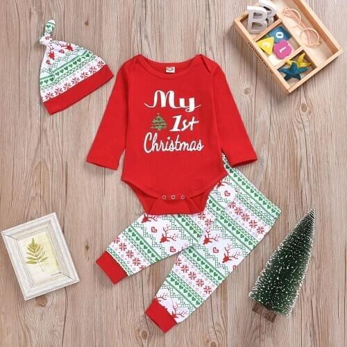 2020 New Fashion 0-2T Kids Girls Boys Christmas Baby Outfits 3PCS My First Xmas Sets Long Sleeve Autumn Winter Babies Bodysuits