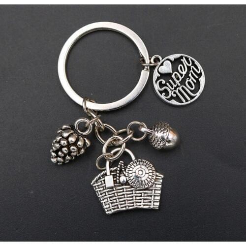 WKOUD 1pc Silver Plated Super Mom Charm Basket Strawberry Acorn Keychain DIY Metal Jewelry Alloy Keychain Creative Small Gift