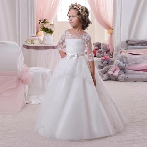 Flower Girl Dresses 3/4 Sleeve Ball Gown Kids Lace Princess Gown Wedding Party Birthday Girls Dresses Pageant Dresses for Girl