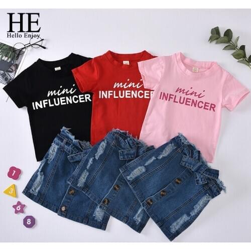 HE Hello Enjoy Fashion Trend Little Girls Clothes Set Baby Girls Summer Clothing Set T-shirt Tees Top Denim Skirts Outfits