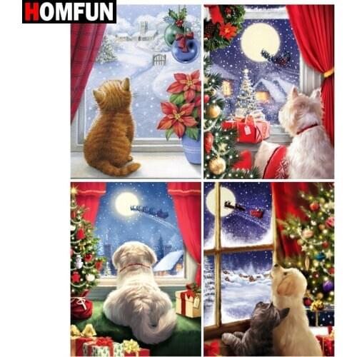 HOMFUN Paint With Diamond Embroidery "Christmas window animal" Diamond Painting Full Square Round Picture Of Rhinestone Decor