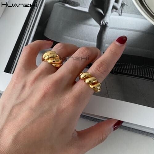 HUANZHI 2021 Simple Gold Sliver Color Metal Bread Croissant Geometric Fold Twist Open Rings for Women Girl Jewelry