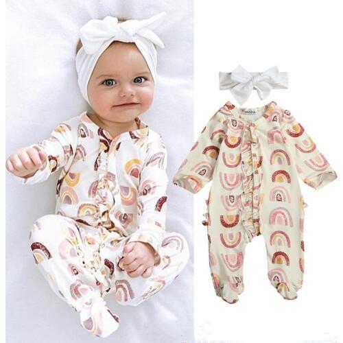 Newborn Baby Girls Clothes Long Sleeve Footies Baby Girls Clothes One Piece Jumpsuits For Newborn Rainbow Striped Girls Playsuit