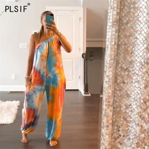 Skew neck tie-dye sleeveless skinny jumpsuits sexy tight club party lady fashion sheath playsuits high street bodysuits
