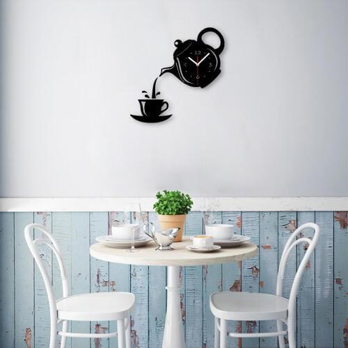 Creative Coffee Cup Mirror Wall Clocks 2019 New Arrivals Quartz Metal Kitchen Clock Needles Home Decor Relogio De Parede