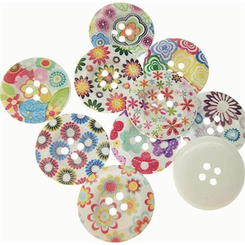Hot 10PCs Mixed Big 25/30/40/50mm 4 Holes Round Painting Flowers Wooden Buttons Craft Sewing Scrapbooking For Overcoat Handmade