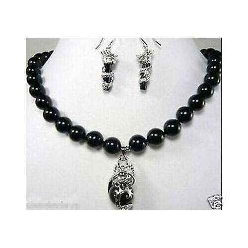 Fashion beautiful 10mm black Agate jade dragon earring pendant Necklace set