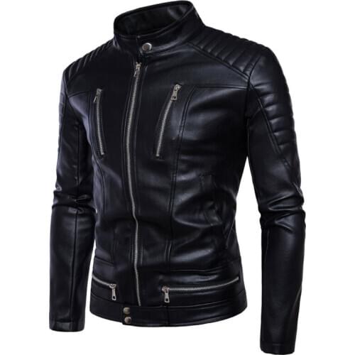 Mens Motorcycle PU Leather Jacket Slim Fit Biker Jacket Zip Up Coat Outwear