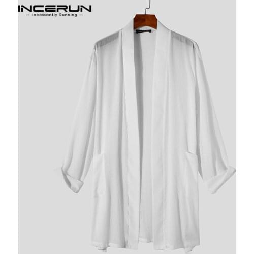 Men Shirt Open Stitch Solid Color Long Sleeve 2021 Leisure Men Long Cardigan With Belt Streetwear Casual Camisas INCERUN S-5XL