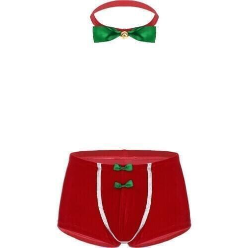 2020 Mens Velvet Christmas Fancy Cosplay Costume Holiday Clubwear Jockstraps Bulge Pouch Boxer Shorts Underwear with Bowtie