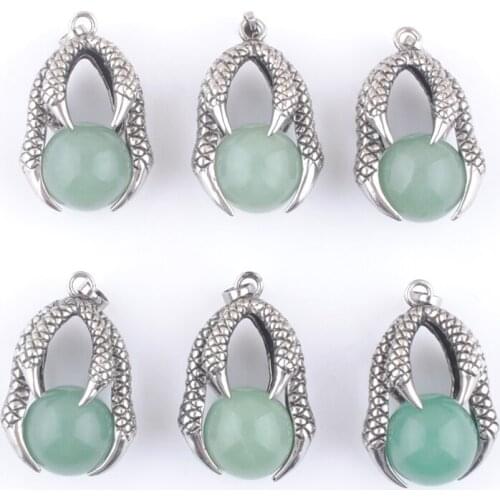 Wholesale 6Pcs Antique Metal Retro Reiki Dragon Claw Pendant Aventurine Natural Round Ball Stone Bead Jewelry TN3125