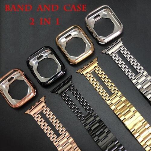 For Apple Watch Band Series 6/SE/5/4/3/2 Double Chain Stainless Steel Strap+TPU Case 2 in 1 Bracelet for iWatch 44/40mm 42/38mm