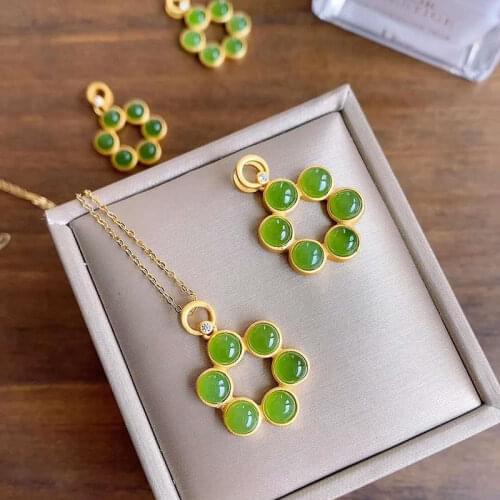 SNew Silver Inlaid Natural Hetian Jasper Pendant Green Egg Face Stone Six Beads Chinese Niche Design Clavicle Chain Necklace