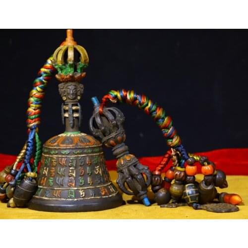 7" Tibet Buddhism Old Bronze Tracing Old rattle Vajra set Pendant Bells Dorje Vajra Phurpa Ward off evil spirits Town House
