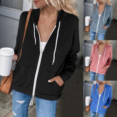 Women Sweatshirt Autumn Winter Solid Color Zip Closure Hooded Coat Jacket Drawstring Hoodie Long Sleeve Pockets Zipper Outwear