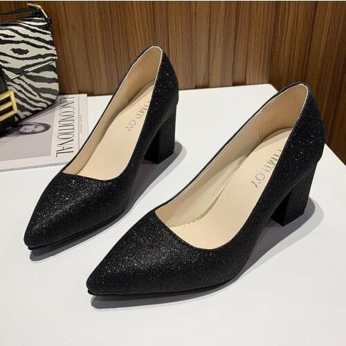 Sequins Pointed Pumps Women Shoes Woman Luxury Bling High Heels Female Shallow Square Heel Ladies Sexy Gold Party Wedding Shoes