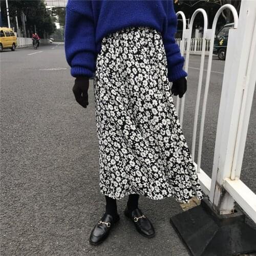 Skirts Women Summer Floral Vintage Korean Style Elastic High Waist All-match Mujer Elegant Casual Popular Girls Lovely Female