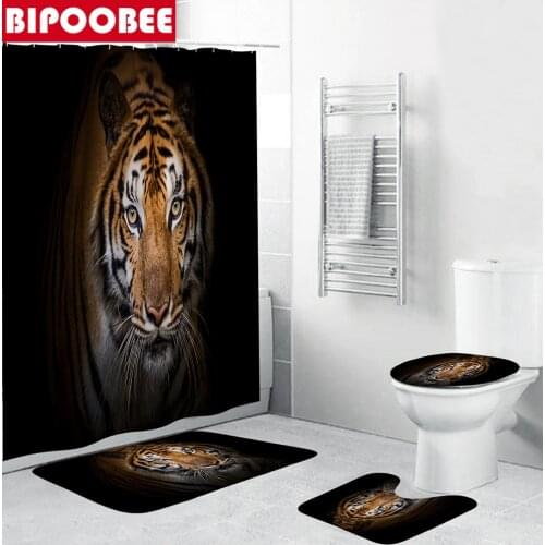 Black Tiger Animals Printed Shower Curtain Set Bathroom Curtains Anti-slip Toilet Lid Cover Carpet Bath Rugs Kitchen Home Decor