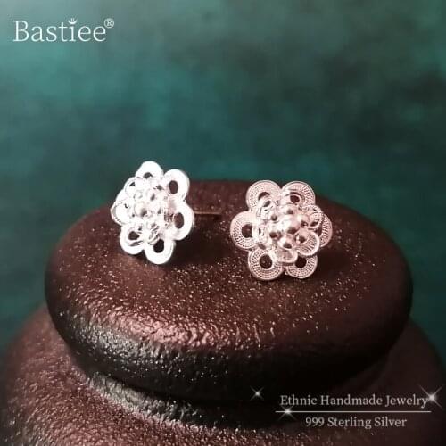 Bastiee Small Flower Stud Earrings 999 Sterling Silver Earrings For Women Handmade Luxury Jewelry Korean Fashion Studs Ear Tips