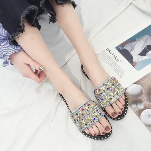 Womens Rhinestone Flat Slippers Fashion Sequined Flat Beach Shoes Pu Leather Flip Flop Female Slippers