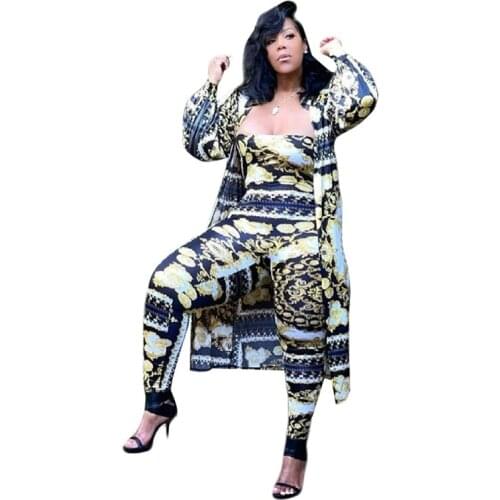 STYLISH LADY Geometric Printed 3 Piece Set Women Crop Top Long Pant and Trench Coat Suit 2021 Autumn Club Party Outfits Outwear