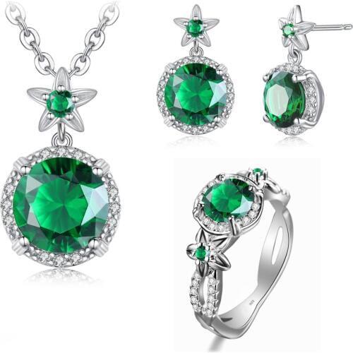 Szjinao Silver Jewelry Sets For Women Real 925 Sterling Silver Boho Flower Ring Earrings Pendant Set Emerald Fashion Jewelry Hot