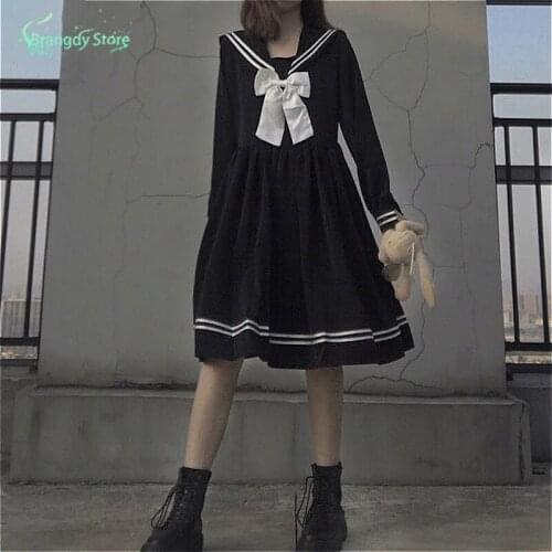 Dresses Women Bow Patchwork Loose A-Line Fashion Knee-Length Cute Empire Preppy Style Ins Sailor Collar Japanese All-match Black
