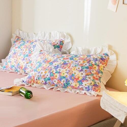 1 Pair 48*74cm Pastoral Pillowcase Cotton Sweety Literary Style Princess Embroidery Ruffle Pillow Cover Ruffle Lace Pillowcase