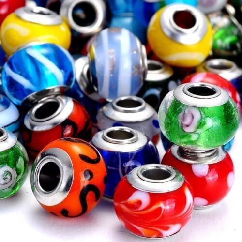 100pcs/lot Mixed Lampwork Beads Big Hole Coloured Glaze Loose Beads Fit European Charms Bracelet 9x14mm Handmade Lampwork Bead