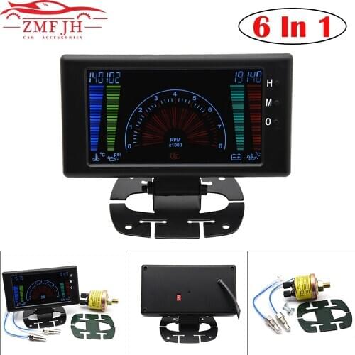 6 In 1 Vehicles Gauge 12V Car Universal Fit Water Temperature Digital Temp Measure LCD Screen Voltage Meter Oil Pressure