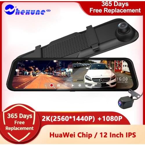 WHEXUNE 12 Inch 2K Car DVR Stream Media Dash Cam 1440P Touch Screen Dual Lens Video Recorder Rearview Mirror 1080P Backup Camera