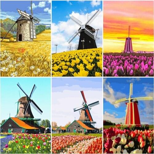 AZQSD Coloring By Numbers Scenery Canvas Painting Kits Decor For Home Painting By Numbers Windmill Picture Unique Gift