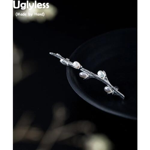 Uglyless 100% Real Solid 925 Sterling Silver Branch Brooches for Women Elegant Nature Pearls Flower Brooch Handmade Fine Jewelry