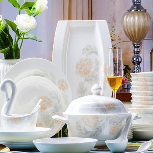 60 Heads Ceramic Dish set home simple European Jingdezhen ceramic Chinese bowl plate dish Soup Pot combination
