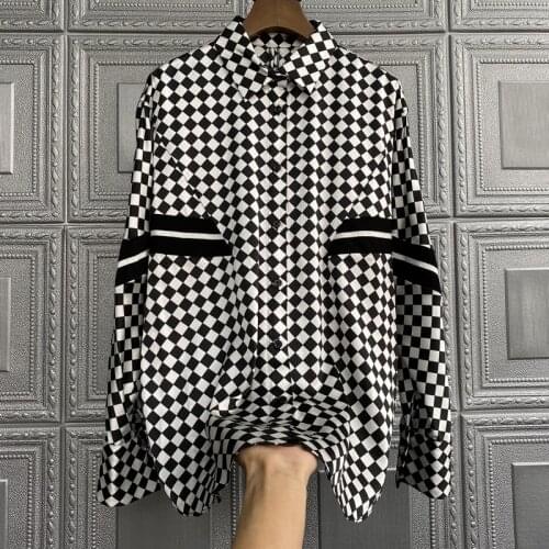 Plaid Mulberry Silk Top Silk Shirt Women Spring New Fashion Solid Color Printed Top Silk Shirt Women Silk Blouse