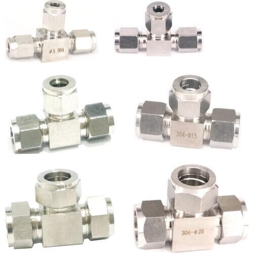 Fit Tube O/D 3-25mm 1/8" 1/4" 1/2" 3/4" 1" Tee Equal 3 Ways 304 Stainless Steel Ferrule Pneumatic Air Compression Fitting