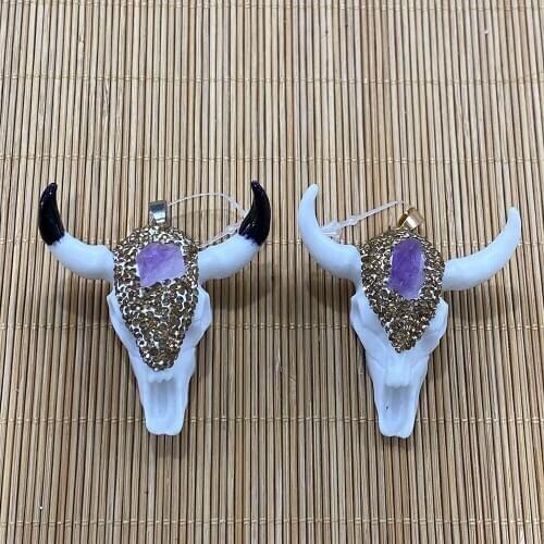 Animal Bull Head Shape Resin Stick Diamond Amethyst Pendant for DIY Jewelry Making Necklace Bracelet Size 48x53mm