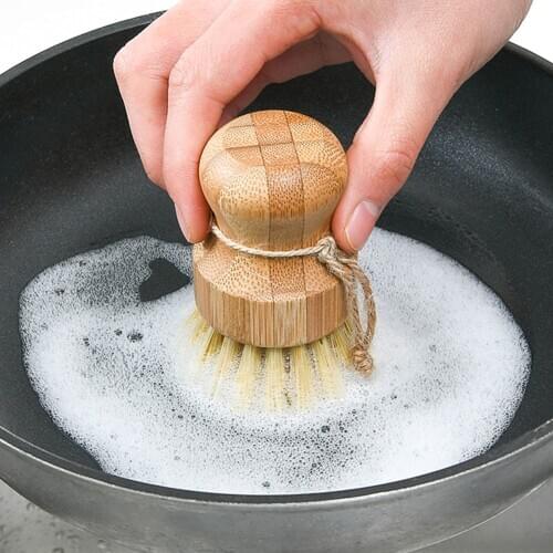 Kitchen cleaning brush stove brush sisal thick brown short handle round dish brush dishwashing brush bamboo wooden pot brush