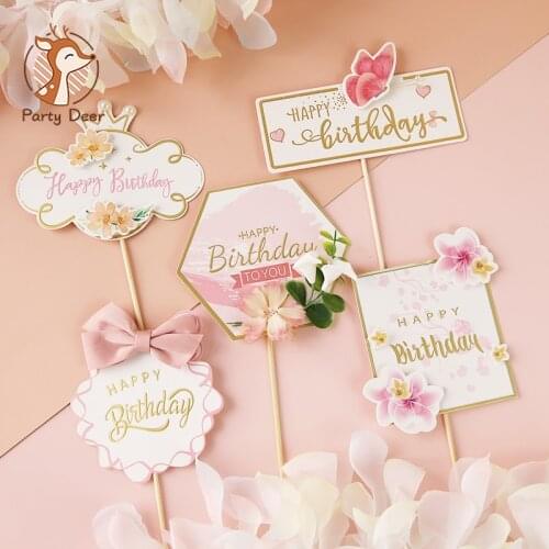 Happy Birthday Cupcake Toppers Colored Flowers paper Cake Topper Party Decorations For woman girl Party Dessert Baking Supplies